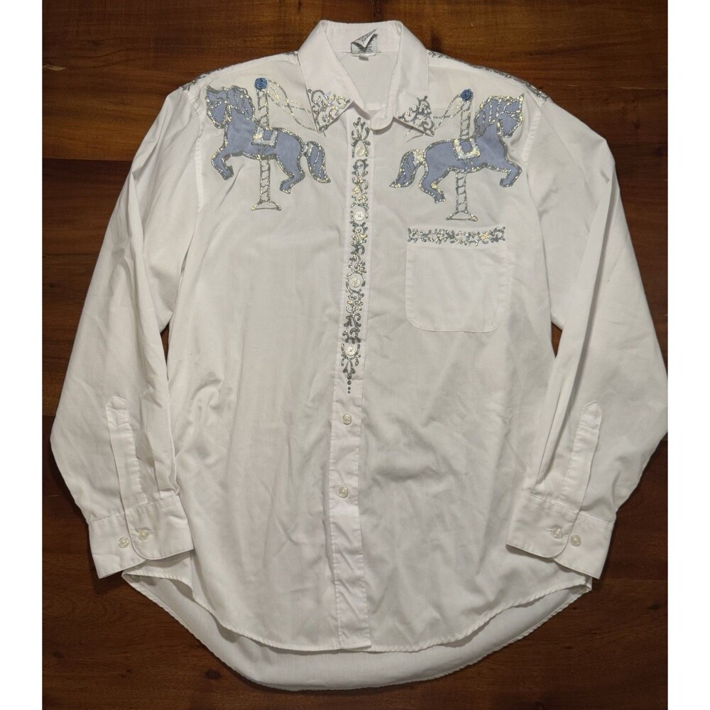 Vintage Laura Regens Western Shirt M Hand Painted Carousel Horse Embellished USA